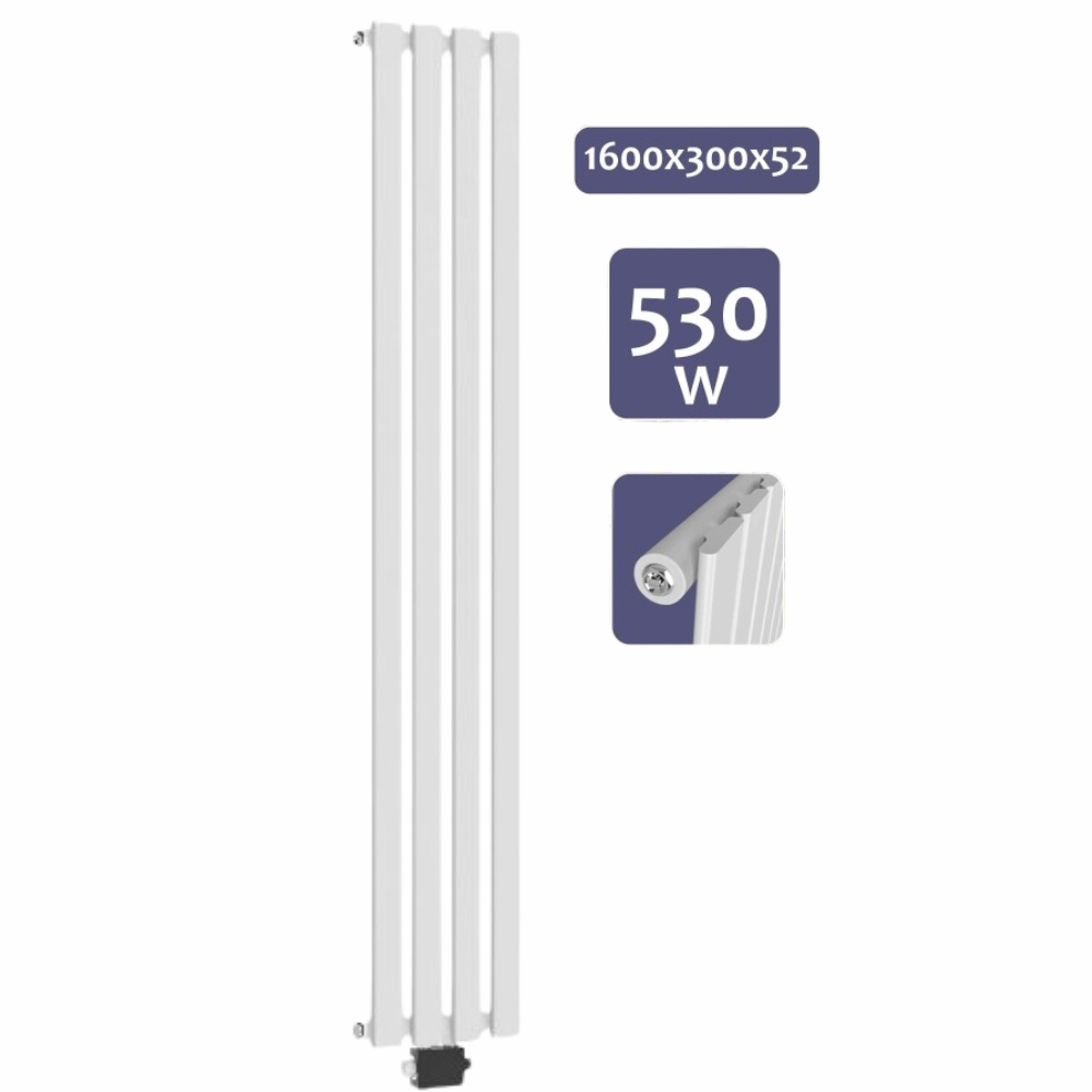 Radiator/calorifer de design vertical plat cu multiblock, racord 1/2 toli, un singur strat, 1600 x 300 mm, 530 W, racord central, radiator de baie, alb