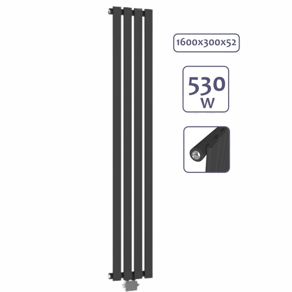 Radiator/calorifer de design vertical plat cu multiblock, racord 1/2 toli, un singur strat, 1600 x 300 mm, 530 W, racord central, radiator pentru baie, antracit