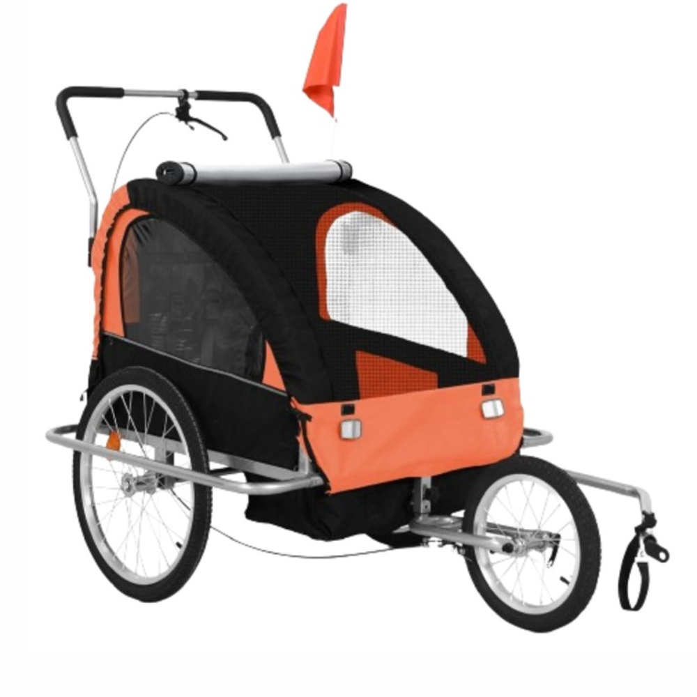 Remorca bicicleta pentru 2 copii, pliabila, cu centura de siguranta in 5 puncte, orange/negru