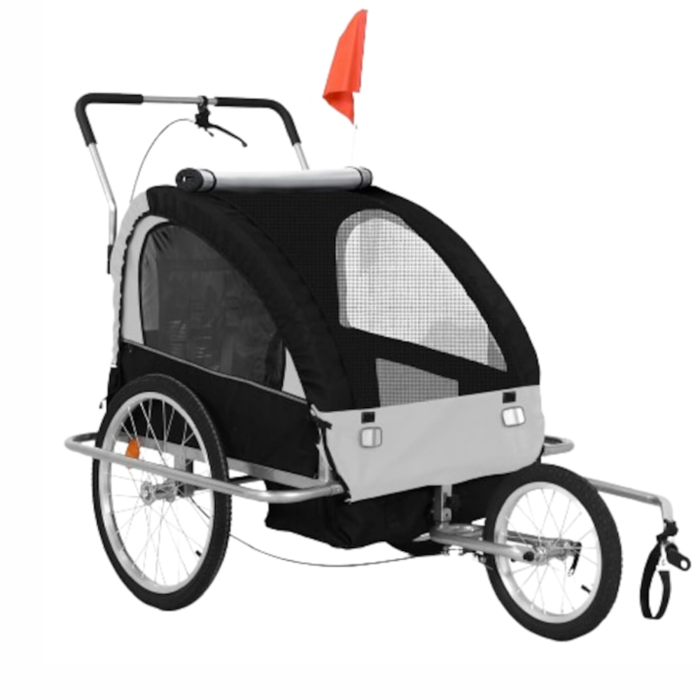 Remorca bicicleta pentru 2 copii, pliabila, cu centura de siguranta in 5 puncte, alb/negru