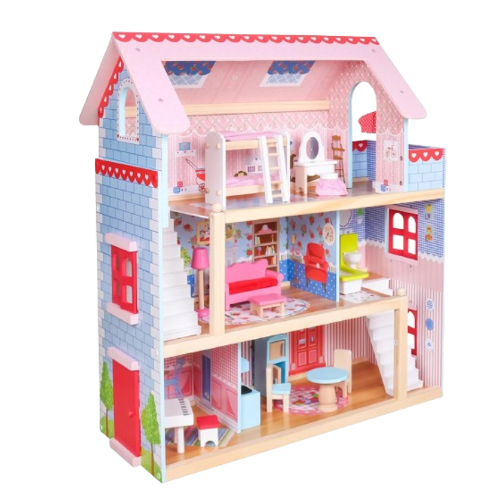 Casa mare de papusi din lemn cu 3 etaje, cu set de mobilier si accesorii si iluminare cu LED-uri, 76 x 30 x 82 cm