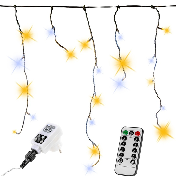 Instalatie led de tip ploaie de gheata, transparent, 200 de led-uri, telecomanda, cald/rece