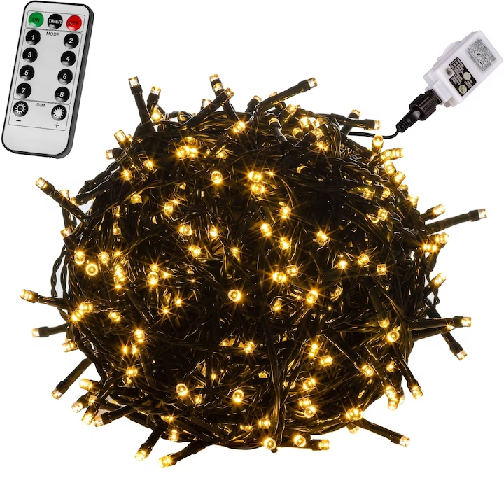 Lumini cu leduri, decorative, alba cald, 200 de leduri, telecomanda de control