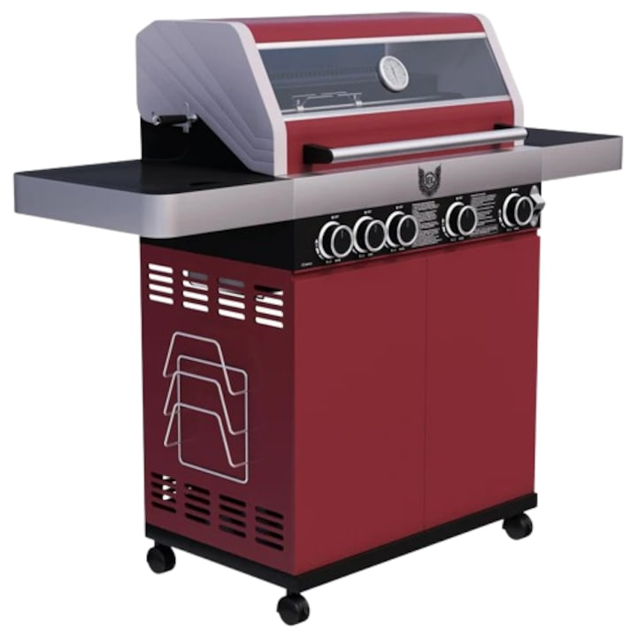 Gratar de gradina BBQ Chief 9.0 cu roti, pe gaz, rosu, Maxxus