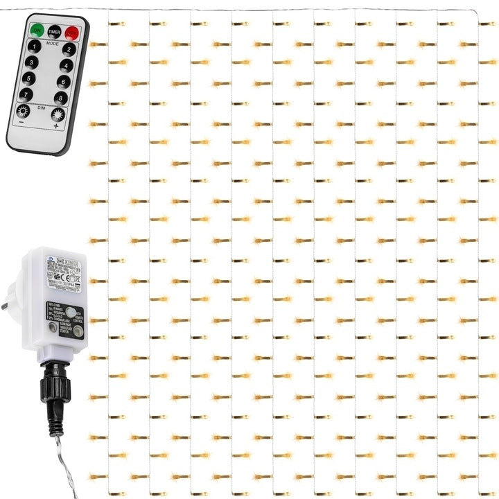Cortina luminoasa, 300 led, 3 x 3 m, telecomanda, transparent, alb/galben