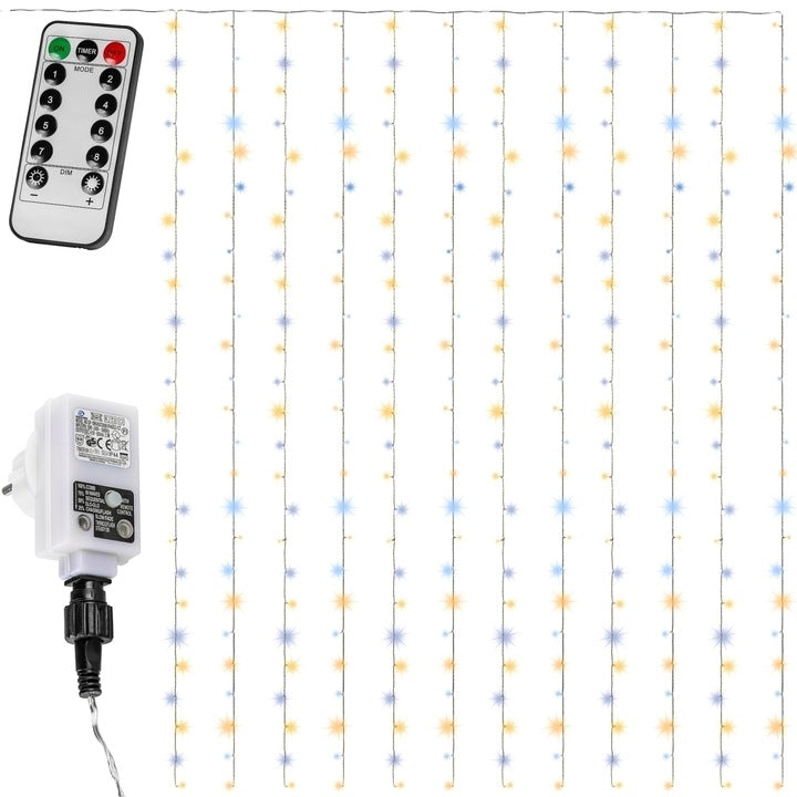 Cortina luminoasa, 300 led, 3 x 3 m, telecomanda, transparent, alb/galben