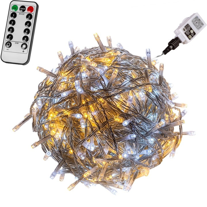 Instalatie cu 400 de led-uri, transparent, telecomanda, alb/galben