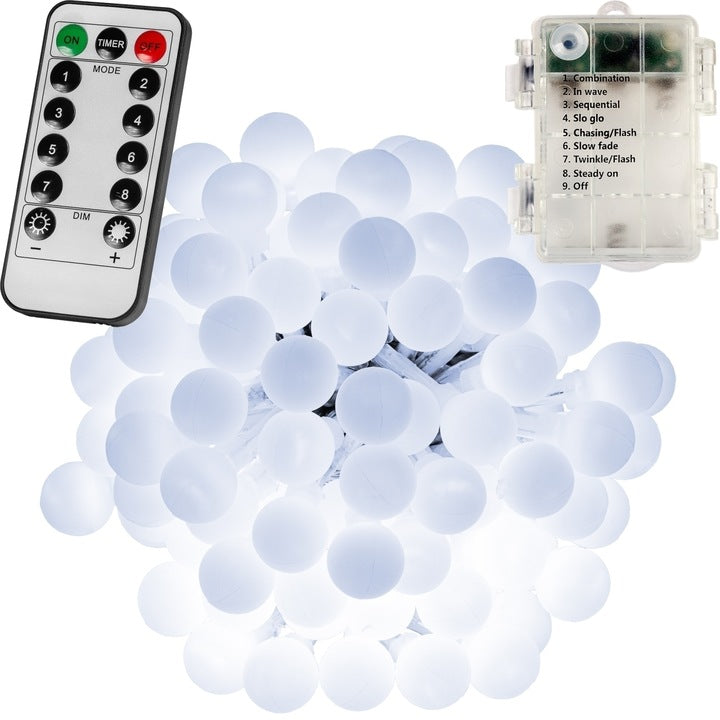 Instalatie 200 led-uri, lumini de zana, alb/rece, telecomanda, alimentare pe baterie